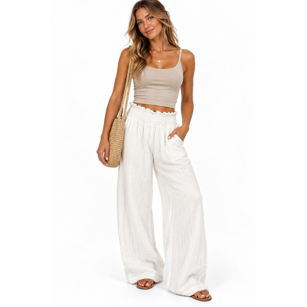 Just Living Wide Leg Pants Womens Large White Cotton Gauze Smocked Waist Boho